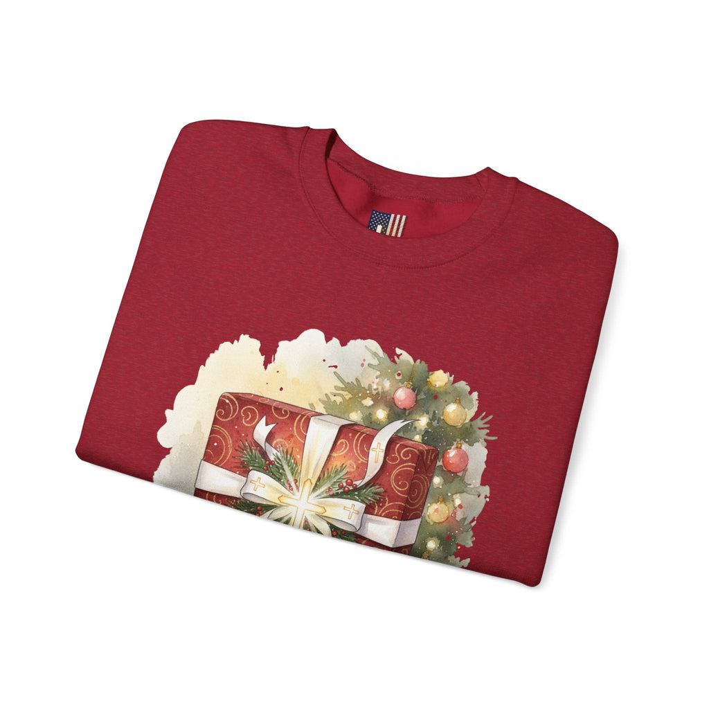 The Greatest Gift Sweatshirt – Cross Bow Present Christian Sweatshirt for Christmas Salvation & Eternal Faith Printify