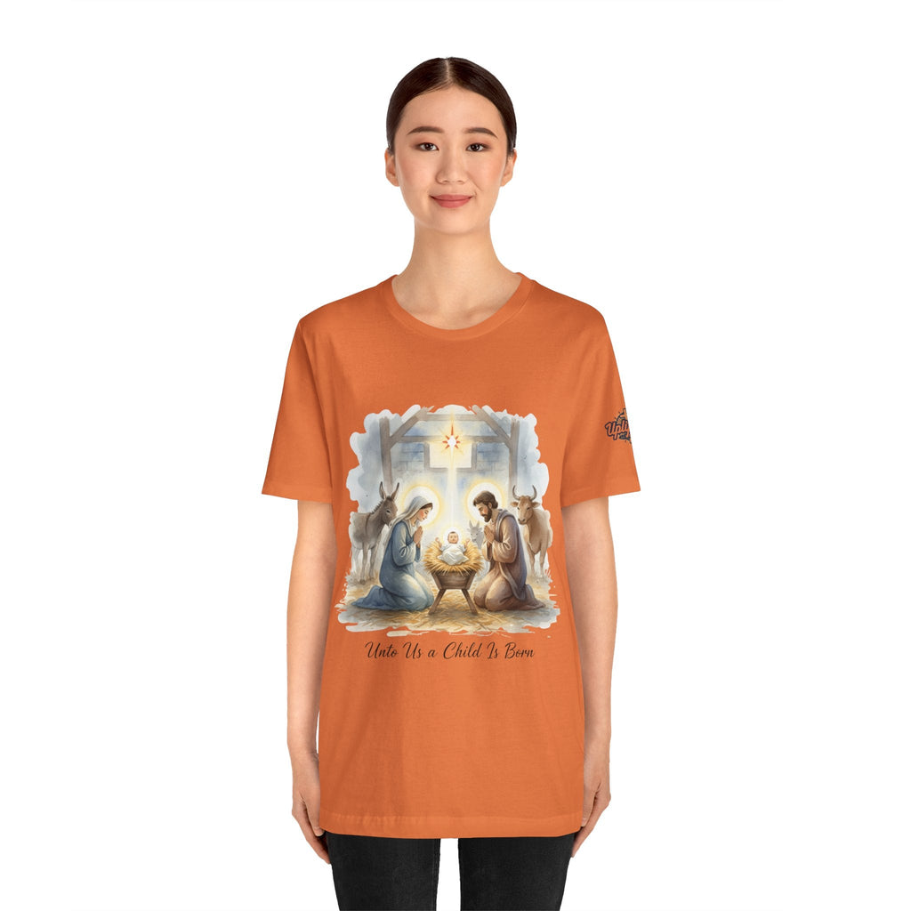 Unto Us a Child is Born T-shirt – Isaiah 9:6 Nativity Manger Scene Christian Christmas T-shirt for Holy Night Faith Printify