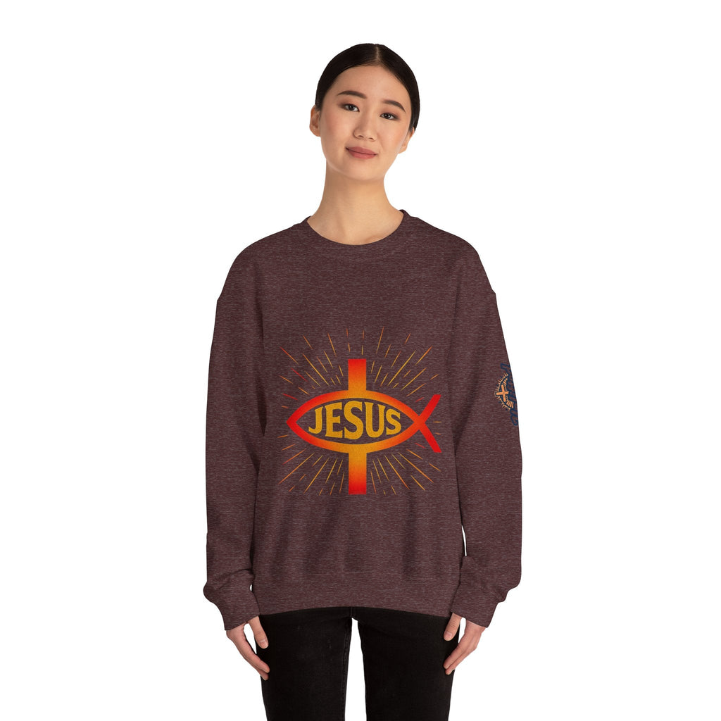 Jesus Ichthys Sweatshirt – Christian Fish Symbol with Cross & Jesus Inscription Sweatshirt for Eternal Faith & Streetwear Printify