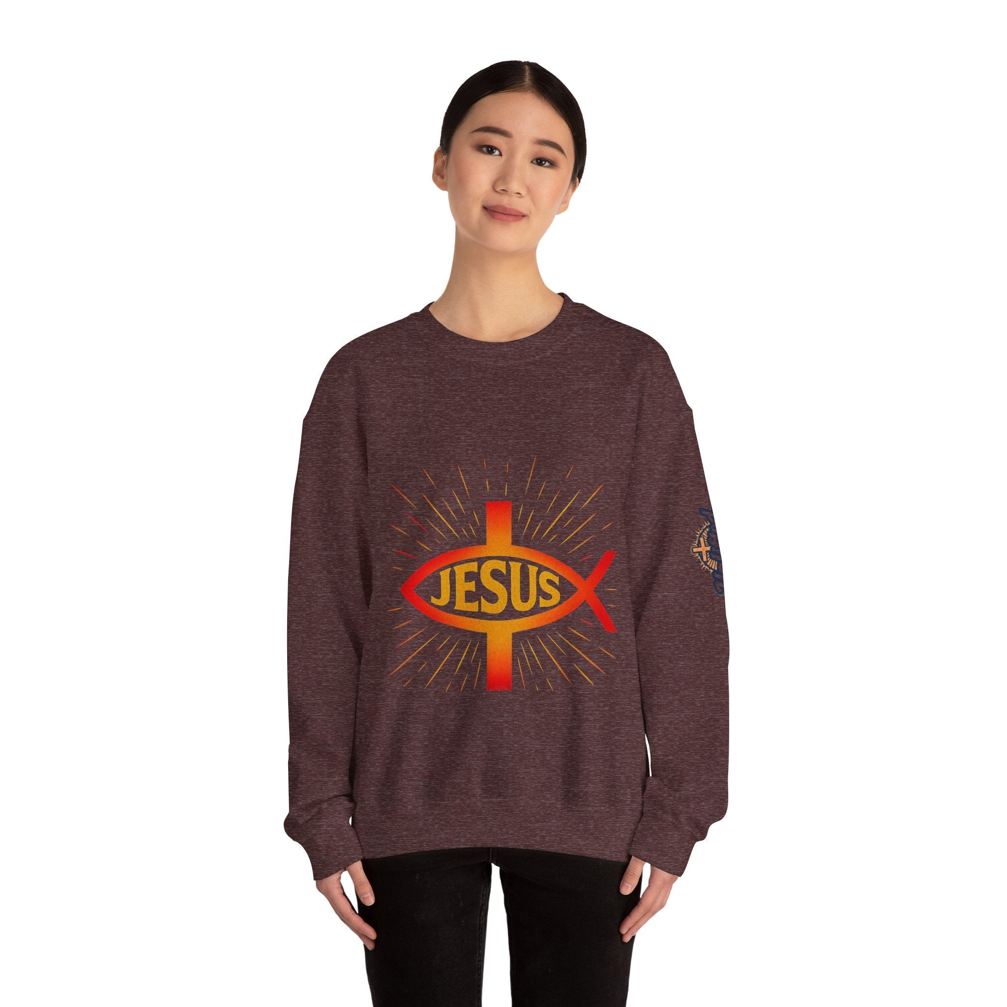 Jesus Ichthys Sweatshirt – Christian Fish Symbol with Cross & Jesus Inscription Sweatshirt for Eternal Faith & Streetwear Printify