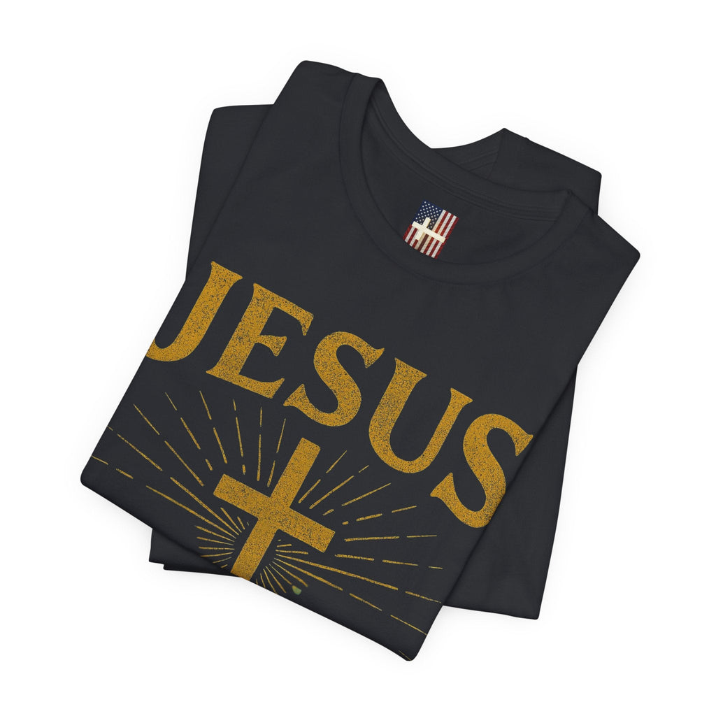 Jesus Saves T-shirt – Radiant Cross & Rays of Light Christian T-shirt for Eternal Hope & Faith Printify