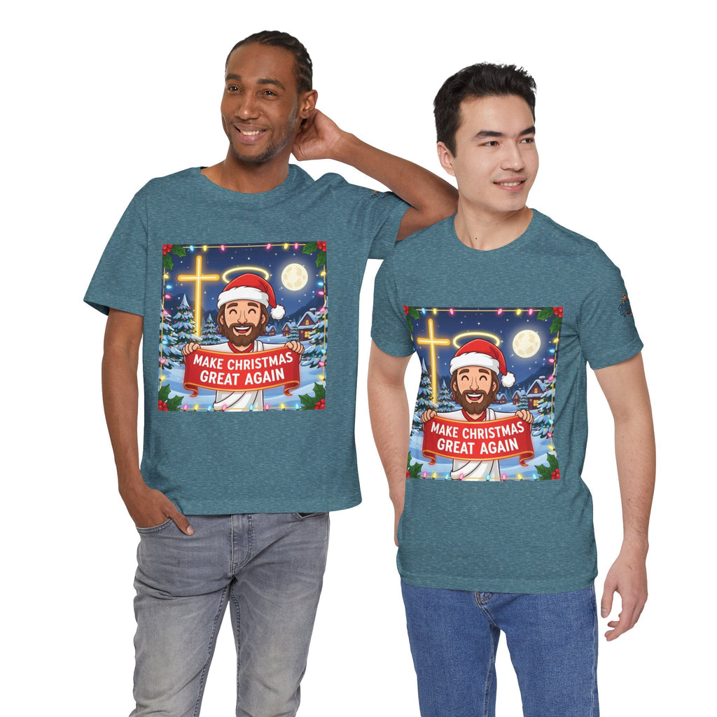🎄 Make Christmas Great Again – Funny Christian T-Shirt | Jesus Holding Banner | Faith-Based Holiday Parody Tee | Uplifted Gear Printify