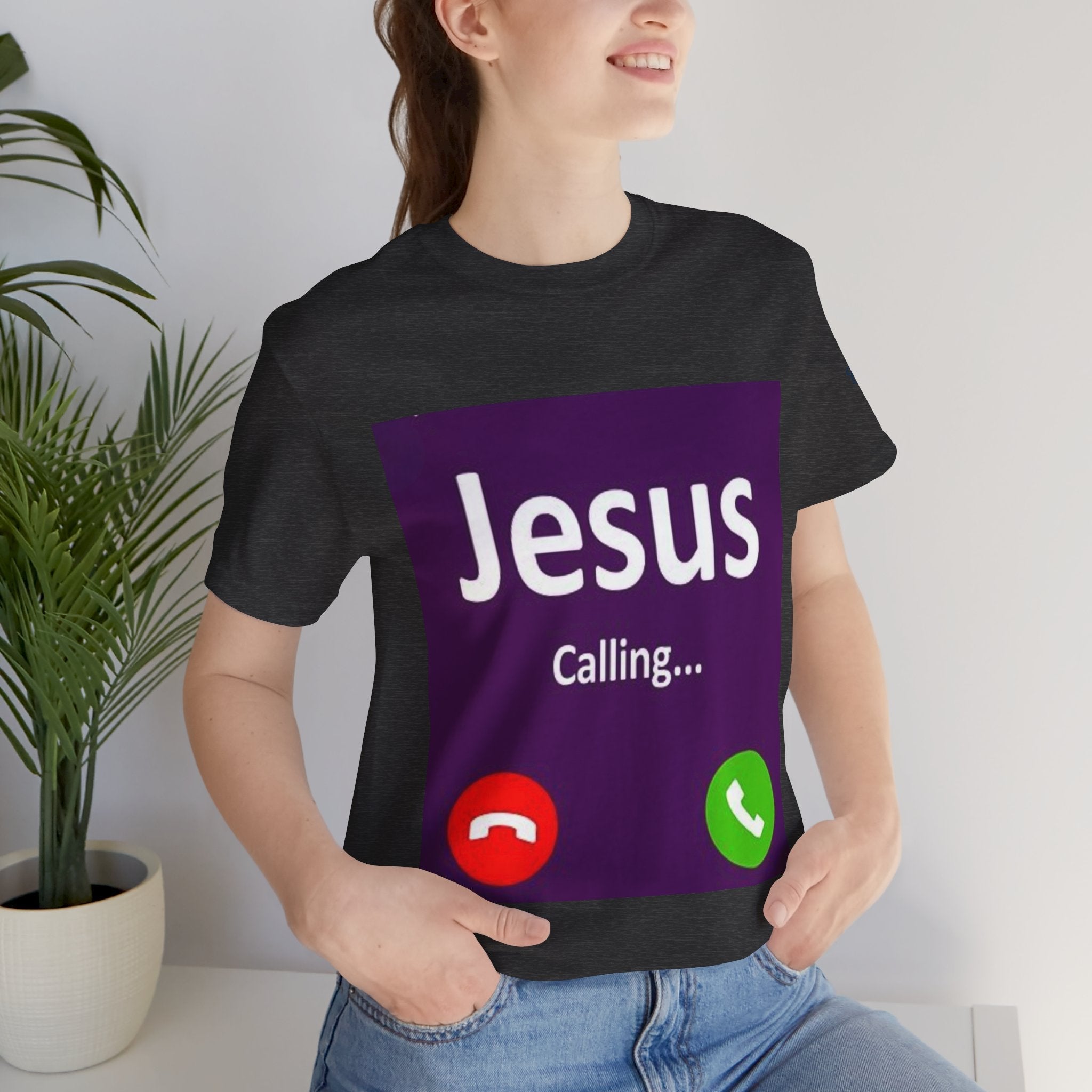 Jesus Calling T-shirt – Funny Cell Phone Screen Christian T-shirt for Divine Connection & Faith Humor Printify