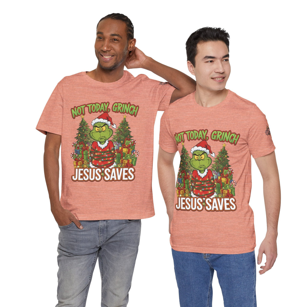 🎄 Not Today, Grinch – Jesus Saves | Funny Christian Christmas T-Shirt | Sulking Grinch & Glowing Cross | Bold Neon Faith Tee by Uplifted Gear Printify