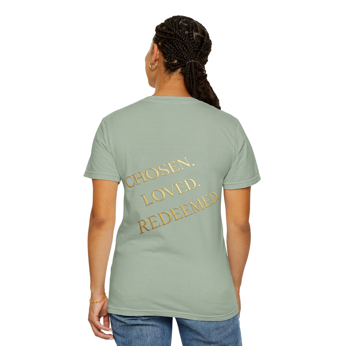 ✨ Chosen. Loved. Redeemed. – Elegant Christian T-Shirt | Gold Foil Faith Tee | Subtle Cross & Heart Design | Inspirational Bible Verse Apparel by Uplifted Gear Printify