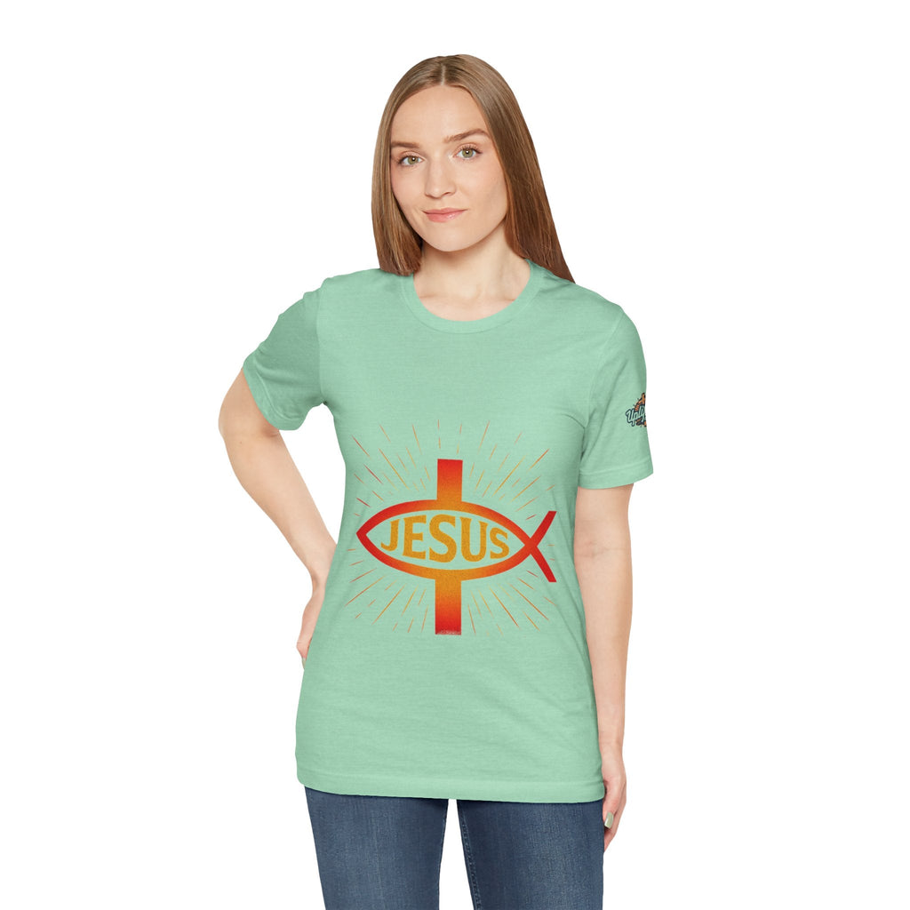 Jesus Ichthys T-shirt – Christian Fish Symbol with Cross & Jesus Inscription T-shirt for Eternal Faith & Streetwear Printify