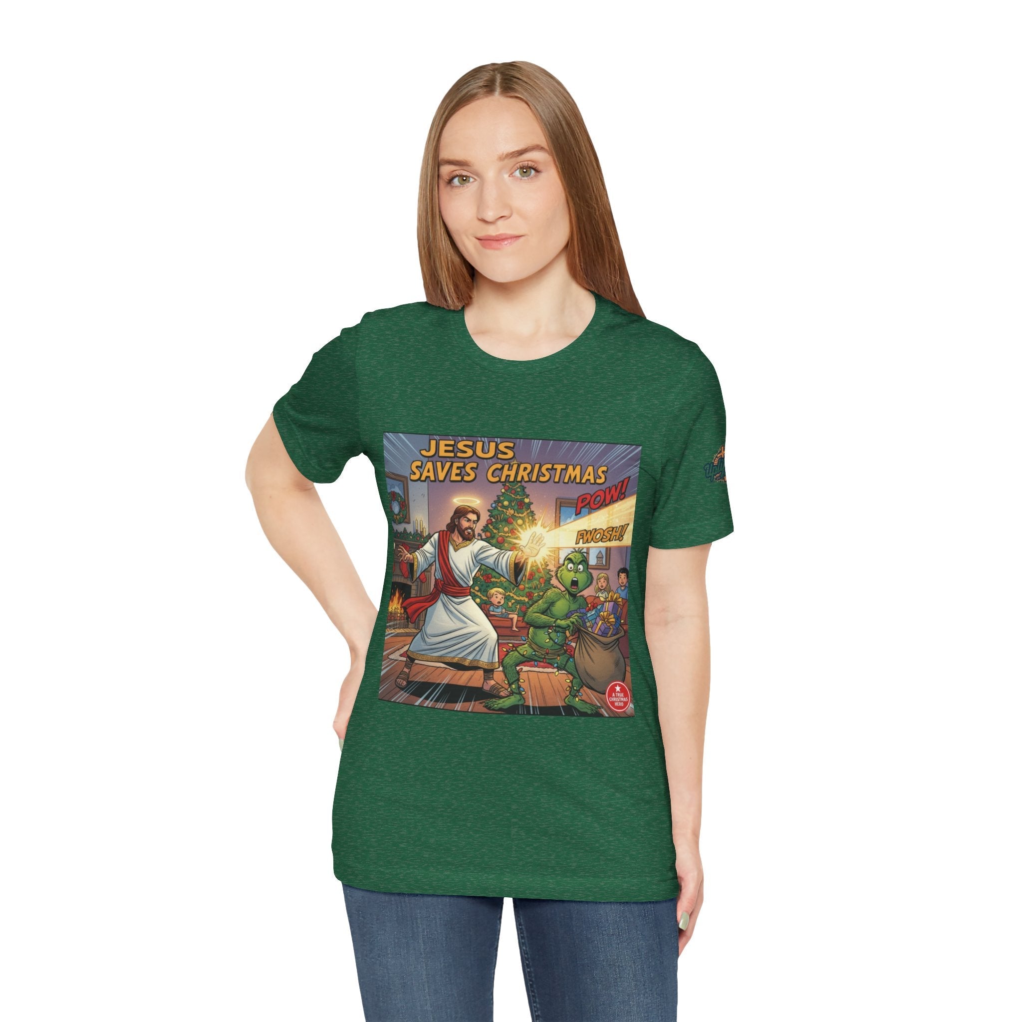 Jesus Saves Christmas T-shirt – Grinch vs Savior Light Battle Christian T-shirt for Hilarious Holiday Faith & True Joy Printify