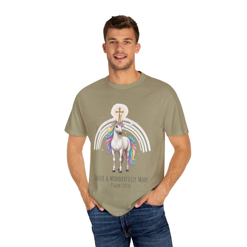 Unique Unicorn Christian T-Shirt – Wonderfully Made with Rainbow Cross & Psalm 139:14 Printify