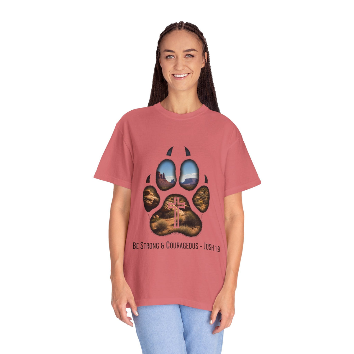 Strong and Courageous T-Shirt – Canine Pawprint Desert Joshua 1:9 Christian Tee Printify