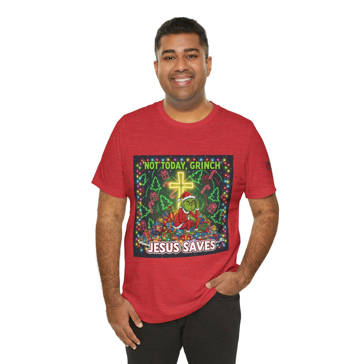🎄 Not Today, Grinch – Jesus Saves | Funny Christian Christmas T-Shirt | Festive Green & Red Cartoon Style | Bold Faith Holiday Tee by Uplifted Gear Printify