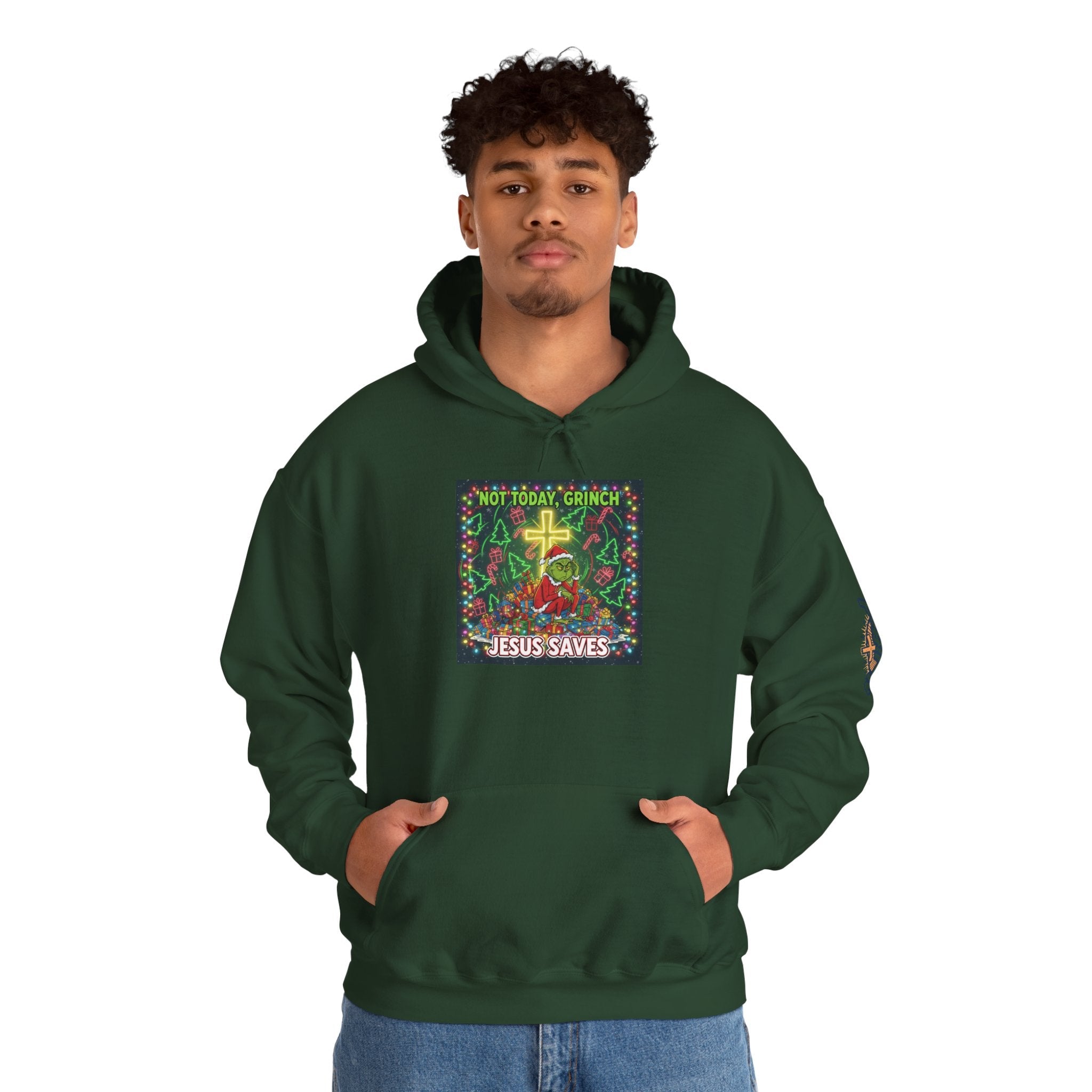 🎄 Not Today, Grinch – Jesus Saves | Funny Christian Christmas Hoodie | Festive Green & Red Cartoon Style | Bold Faith Holiday Tee by Uplifted Gear Printify