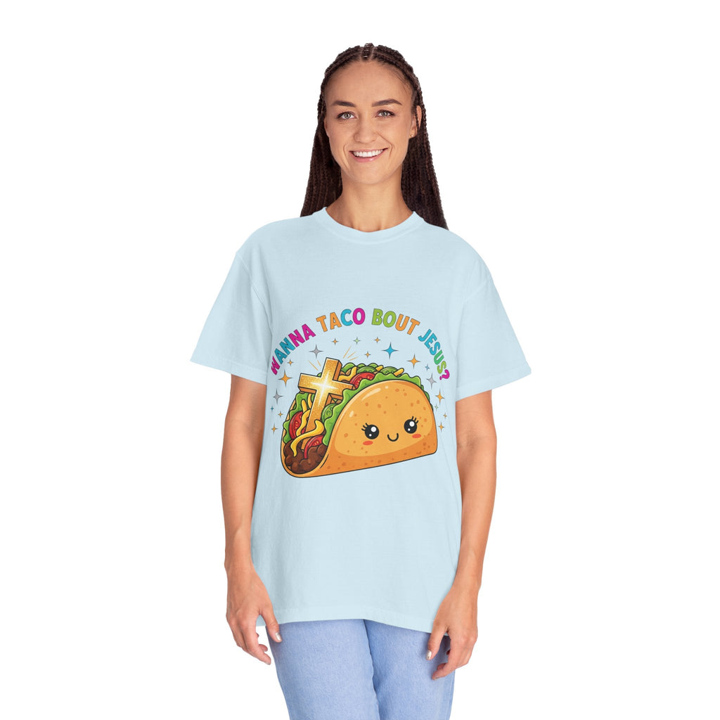 Wanna Taco 'Bout Jesus? Funny Christian Pun T-Shirt – Lettuce Pray & Share Faith! Printify