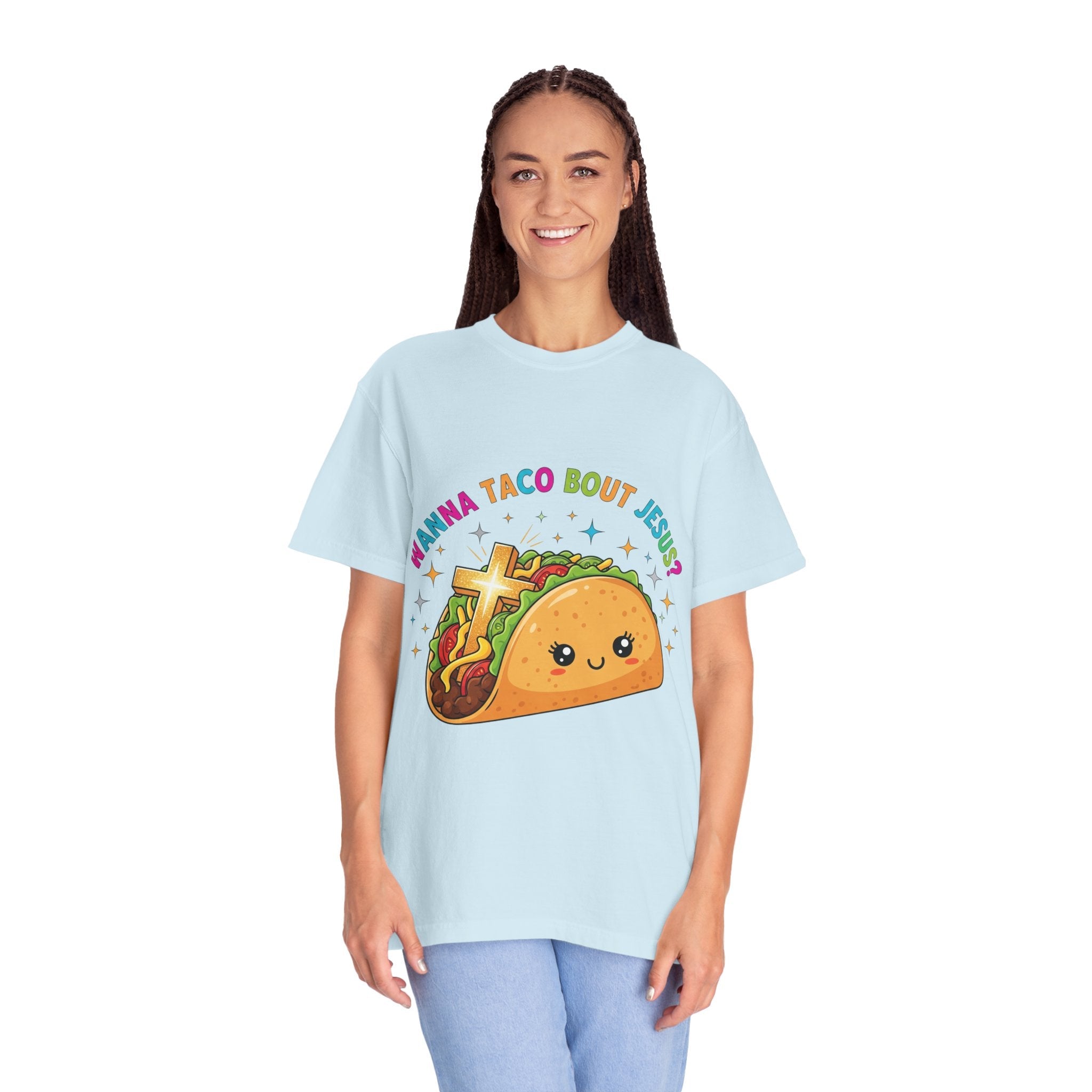 Wanna Taco 'Bout Jesus? Funny Christian Pun T-Shirt – Lettuce Pray & Share Faith! Printify