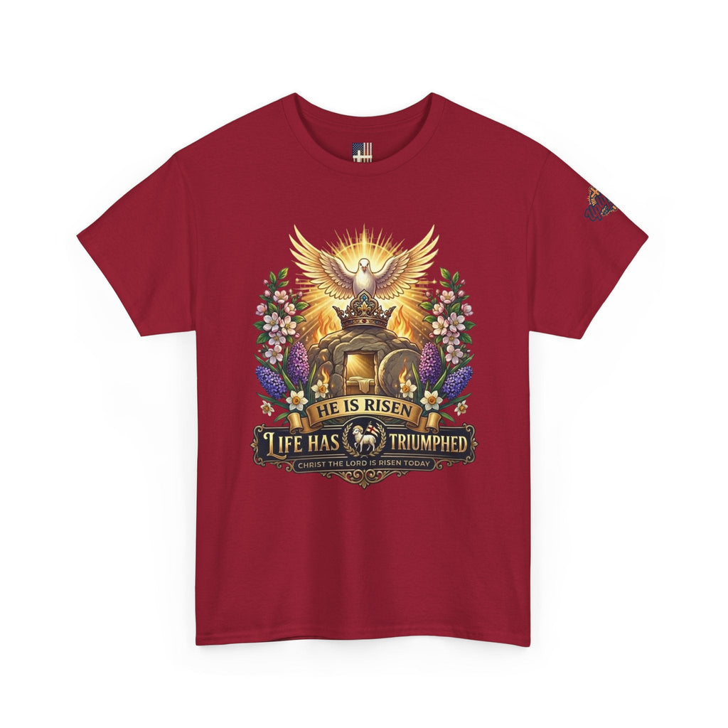 He Is Risen "Life Has Triumphed" T-Shirt — Easter Resurrection Christian Tee Printify
