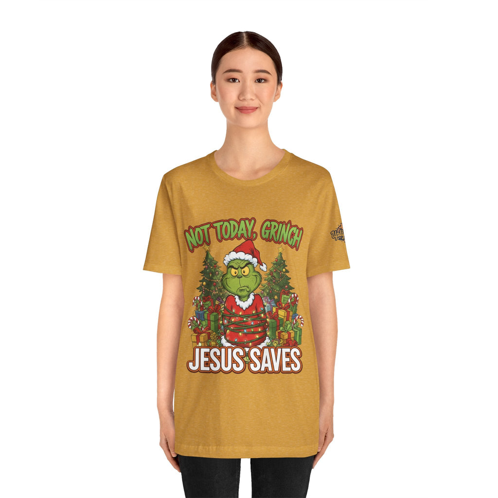 🎄 Not Today, Grinch – Jesus Saves | Funny Christian Christmas T-Shirt | Sulking Grinch & Glowing Cross | Bold Neon Faith Tee by Uplifted Gear Printify