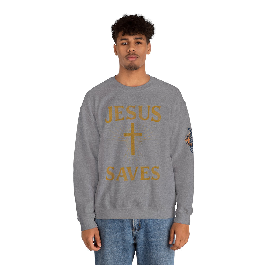 Jesus Saves Sweatshirt – Radiant Cross & Rays of Light Christian Sweatshirt for Eternal Hope & Faith Printify