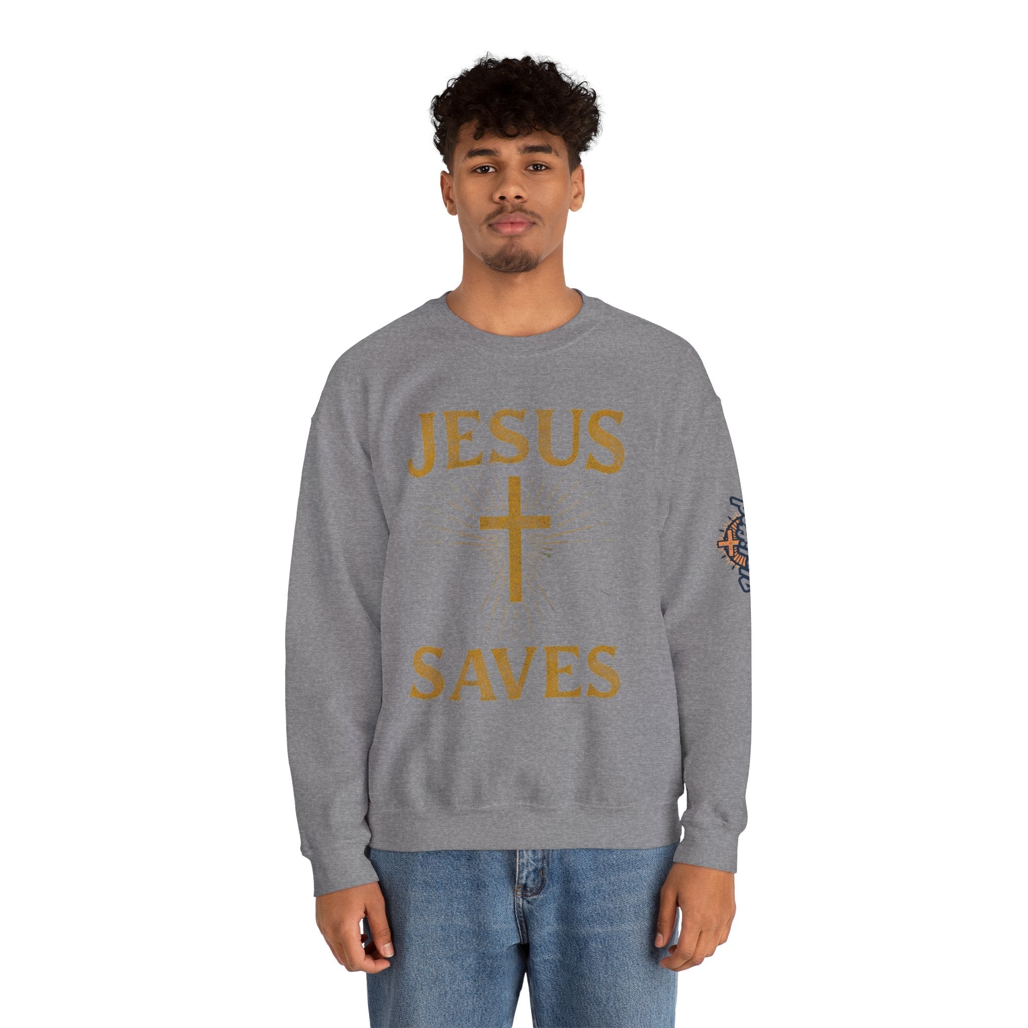 Jesus Saves Sweatshirt – Radiant Cross & Rays of Light Christian Sweatshirt for Eternal Hope & Faith Printify