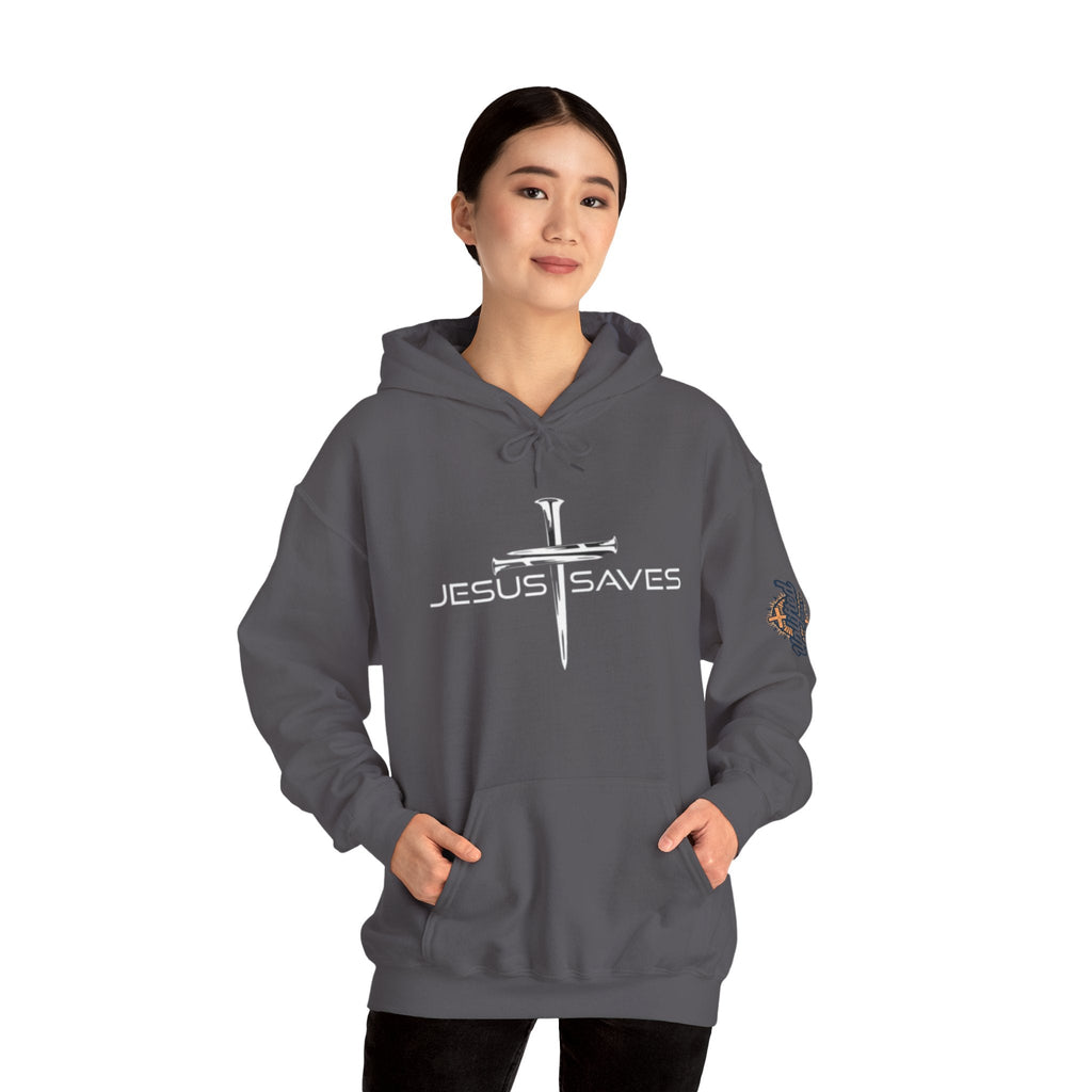 Jesus Saves Hoodie – 3 Nails Crucifix Cross Christian Sweatshirt for Redemption Faith & Bold Salvation Printify