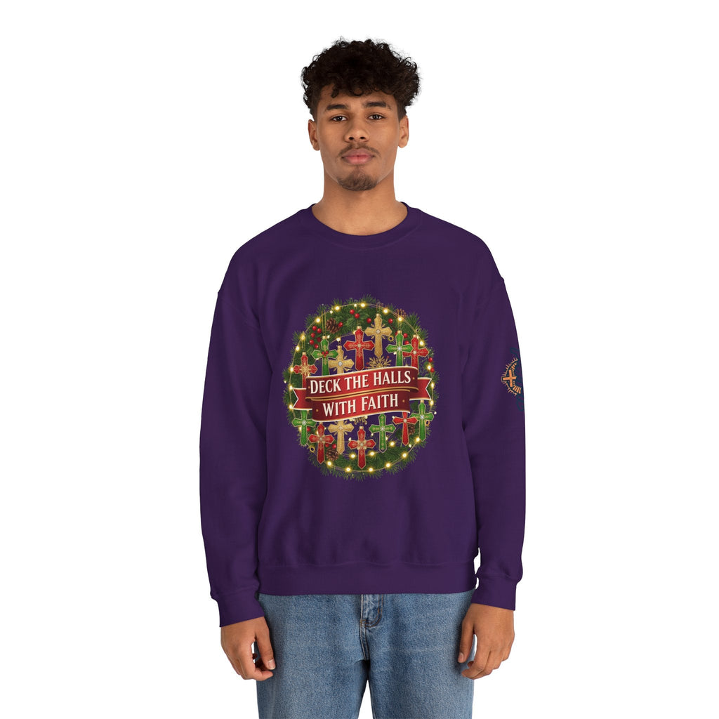 🎄 Deck the Halls with Faith – Christian Christmas Sweatshirt | Cross Ornament Design & Festive Garland | Bold Holiday Faith Tee by Uplifted Gear Printify