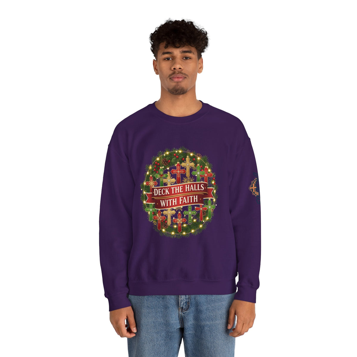 🎄 Deck the Halls with Faith – Christian Christmas Sweatshirt | Cross Ornament Design & Festive Garland | Bold Holiday Faith Tee by Uplifted Gear Printify