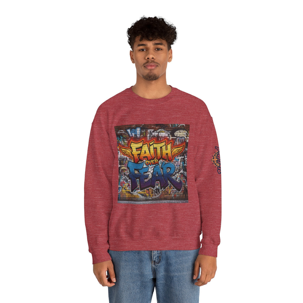 Faith Over Fear Sweatshirt – Graffiti Wall Christian Sweatshirt for Bold 2 Corinthians 5:7 Streetwear & Unshakable Faith Printify