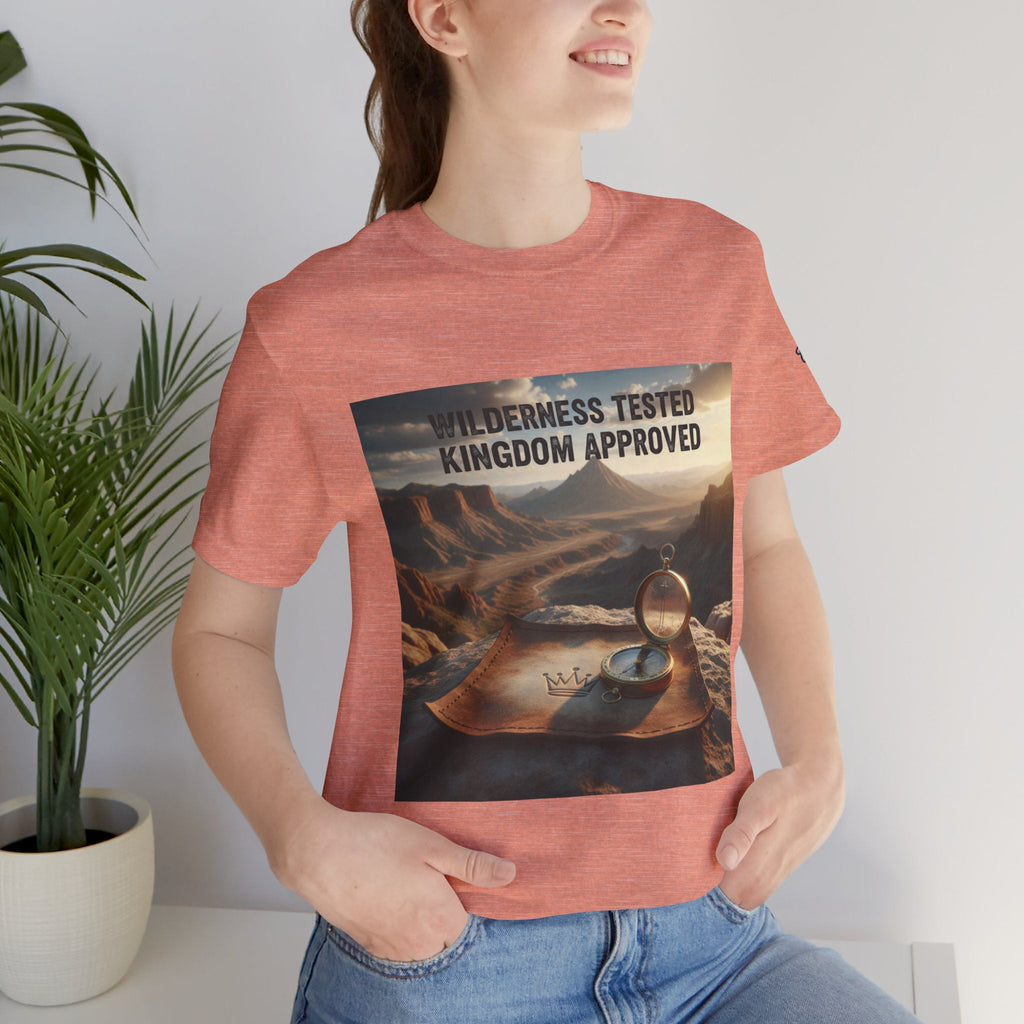 Wilderness Tested Kingdom Approved T-shirt – Mountain Desert Compass Crown Christian T-shirt for Biblical Adventure Faith Printify