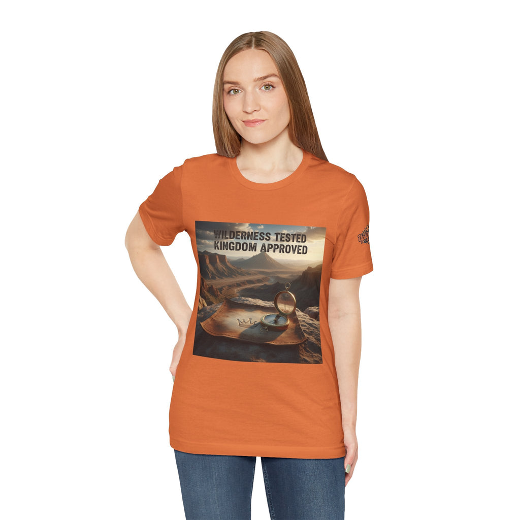 Wilderness Tested Kingdom Approved T-shirt – Mountain Desert Compass Crown Christian T-shirt for Biblical Adventure Faith Printify