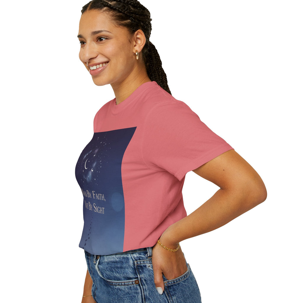 Walk by Faith, Not by Sight T-Shirt – Footprints in the Sand Christian Moonlit Tee Printify