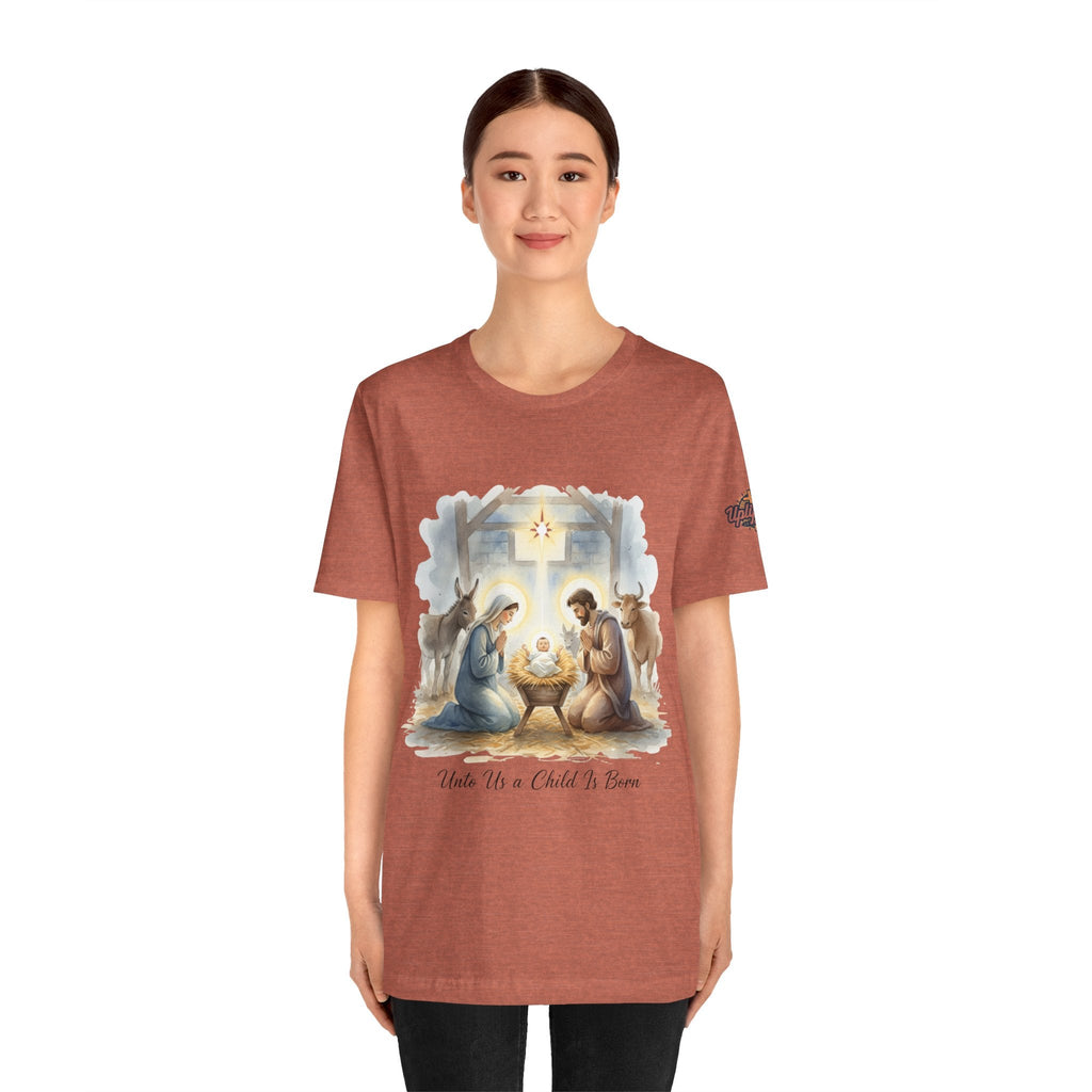 Unto Us a Child is Born T-shirt – Isaiah 9:6 Nativity Manger Scene Christian Christmas T-shirt for Holy Night Faith Printify