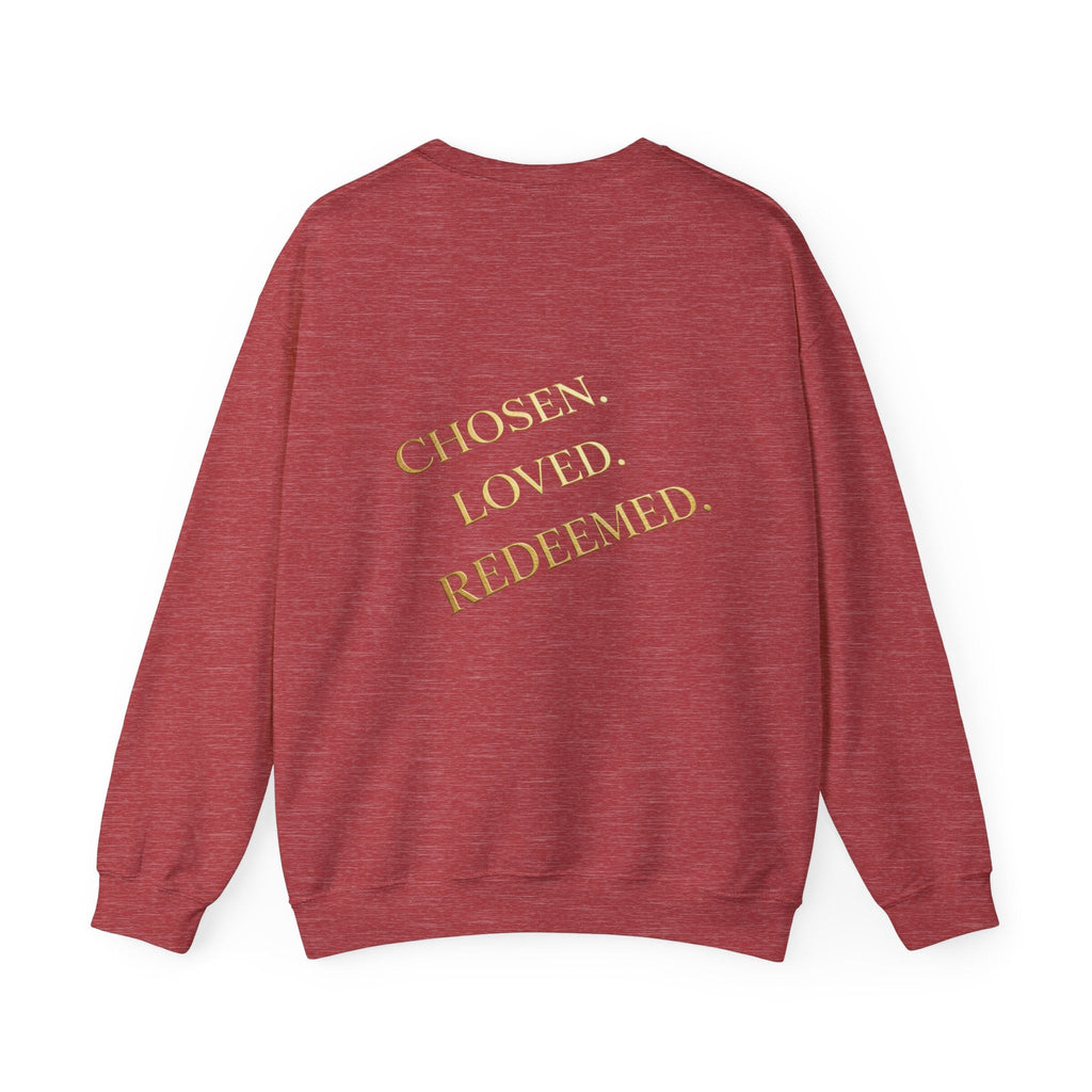 ✨ Chosen. Loved. Redeemed. – Elegant Christian Sweatshirt | Gold Foil Faith Tee | Subtle Cross & Heart Design | Inspirational Bible Verse Apparel by Uplifted Gear Printify