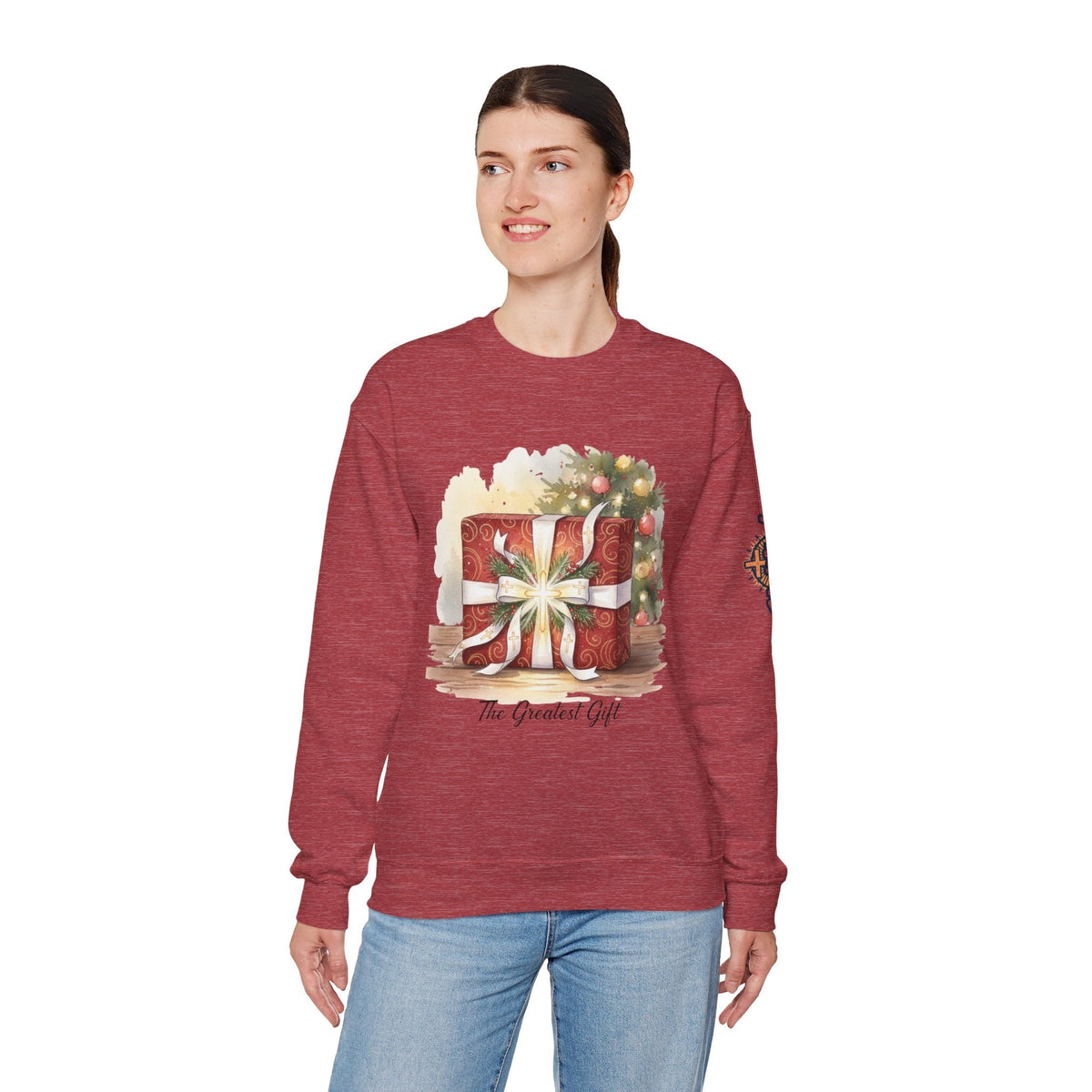 The Greatest Gift Sweatshirt – Cross Bow Present Christian Sweatshirt for Christmas Salvation & Eternal Faith Printify