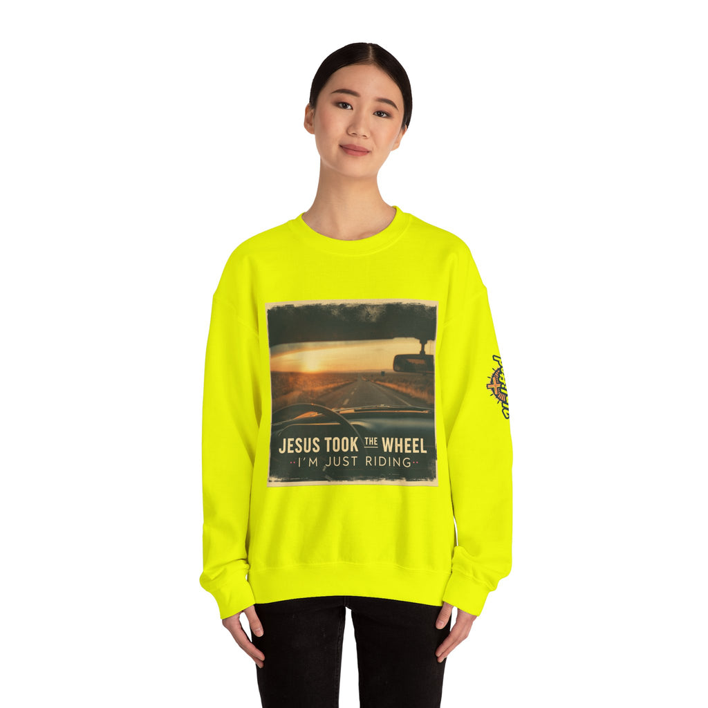 Jesus Took the Wheel I'm Just Riding Sweatshirt – Funny Christian Convertible Car Sweatshirt for Surrendered Faith & Humor