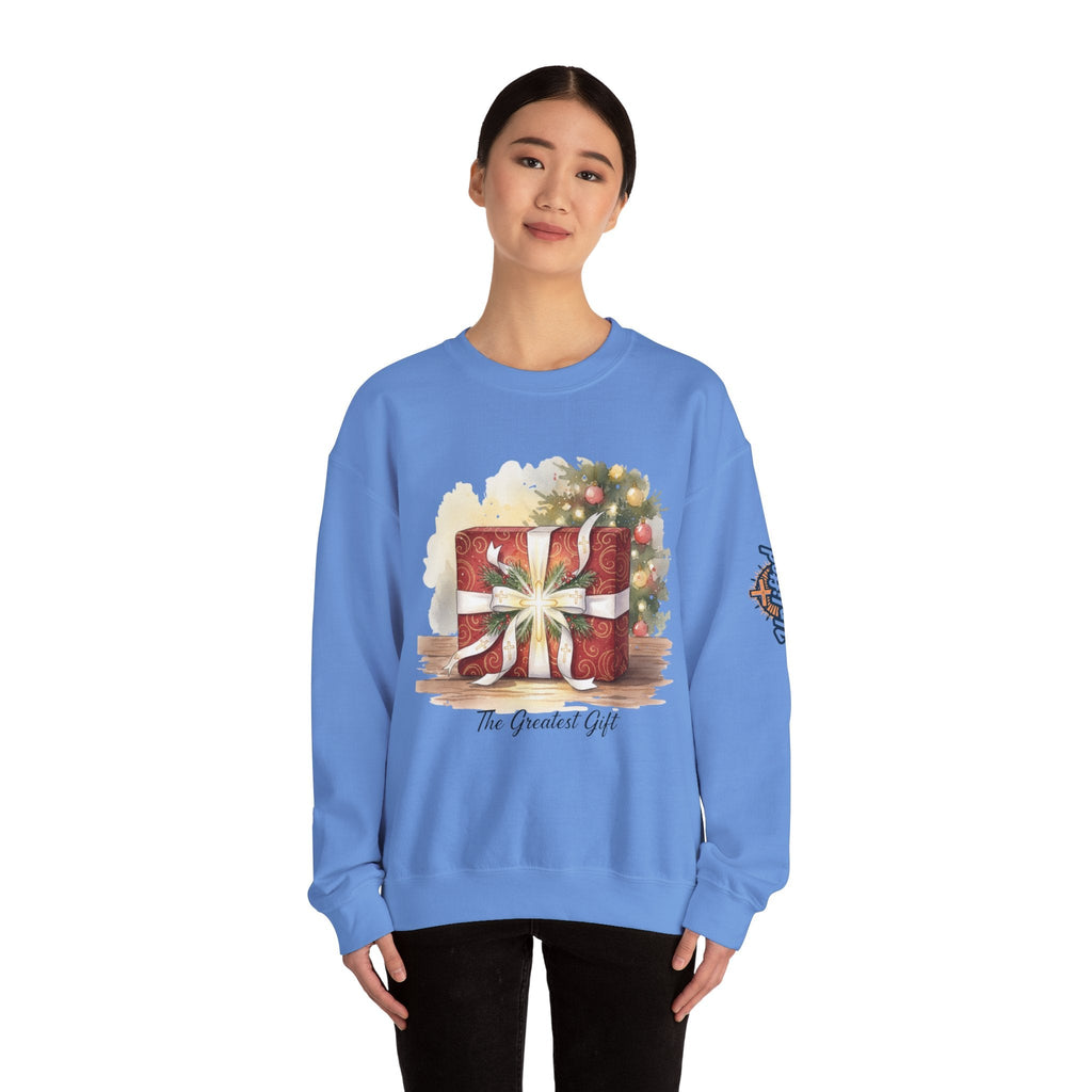 The Greatest Gift Sweatshirt – Cross Bow Present Christian Sweatshirt for Christmas Salvation & Eternal Faith Printify
