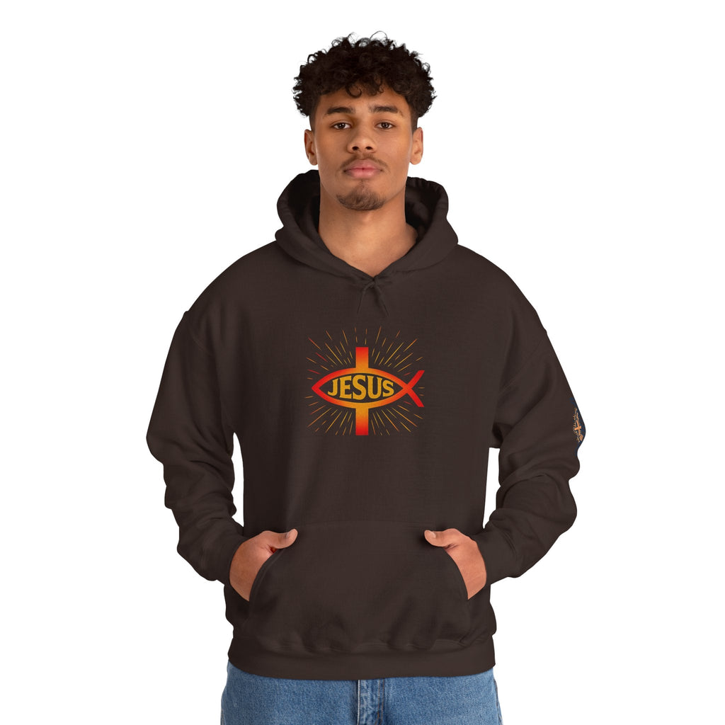 Jesus Ichthys Hoodie – Christian Fish Symbol with Cross & Jesus Inscription Sweatshirt for Eternal Faith & Streetwear Printify