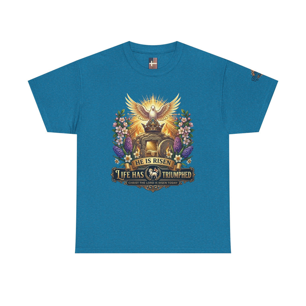 He Is Risen "Life Has Triumphed" T-Shirt — Easter Resurrection Christian Tee Printify