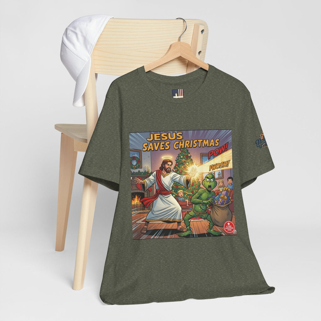 Jesus Saves Christmas T-shirt – Grinch vs Savior Light Battle Christian T-shirt for Hilarious Holiday Faith & True Joy Printify