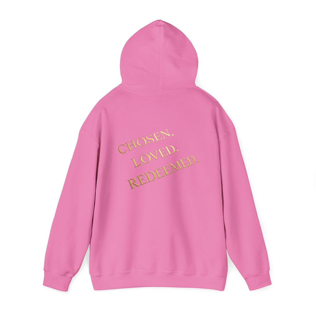 ✨ Chosen. Loved. Redeemed. – Elegant Christian Hoodie | Gold Foil Faith Tee | Subtle Cross & Heart Design | Inspirational Bible Verse Apparel by Uplifted Gear Printify