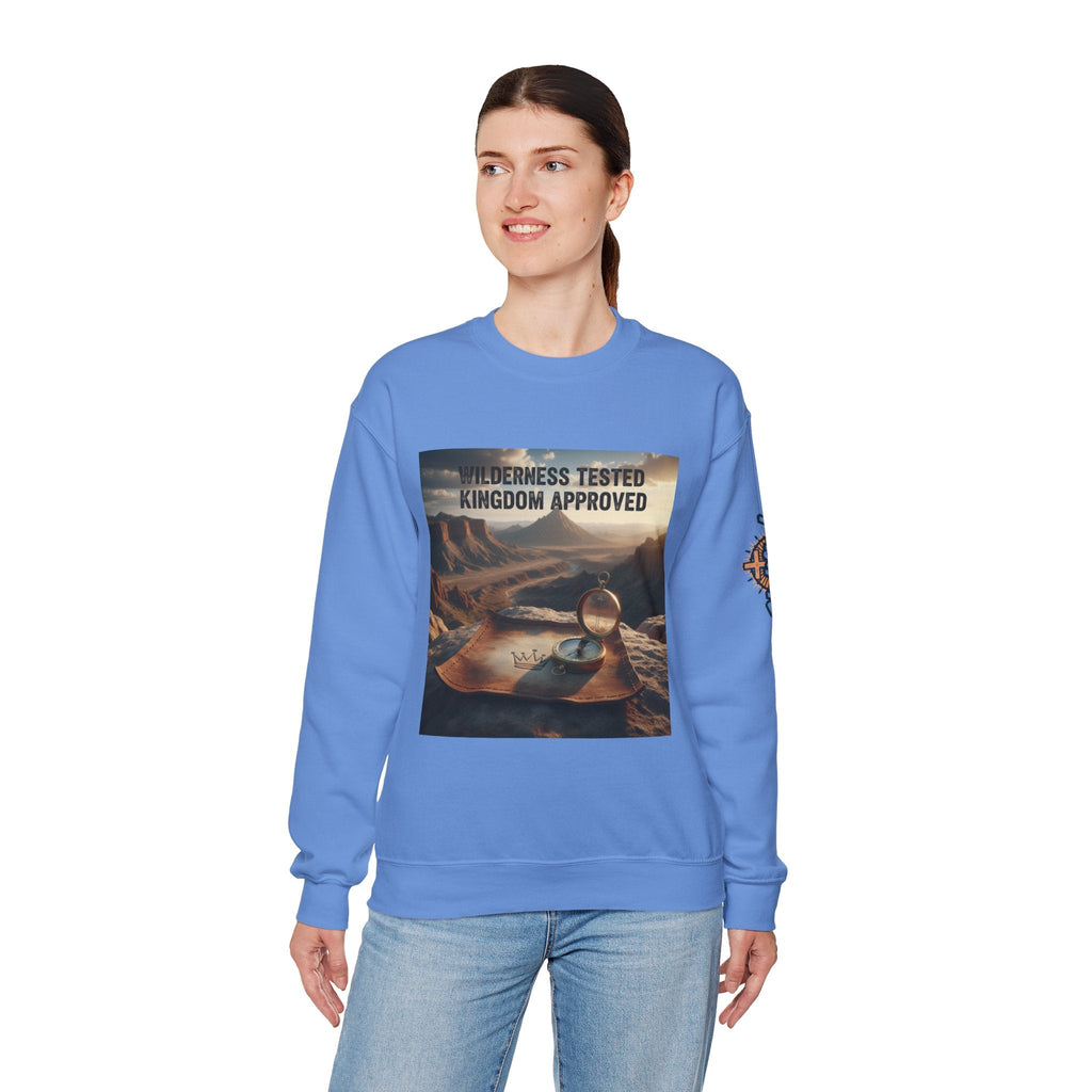 Wilderness Tested Kingdom Approved Sweatshirt – Mountain Desert Compass Crown Christian Sweatshirt for Biblical Adventure Faith Printify