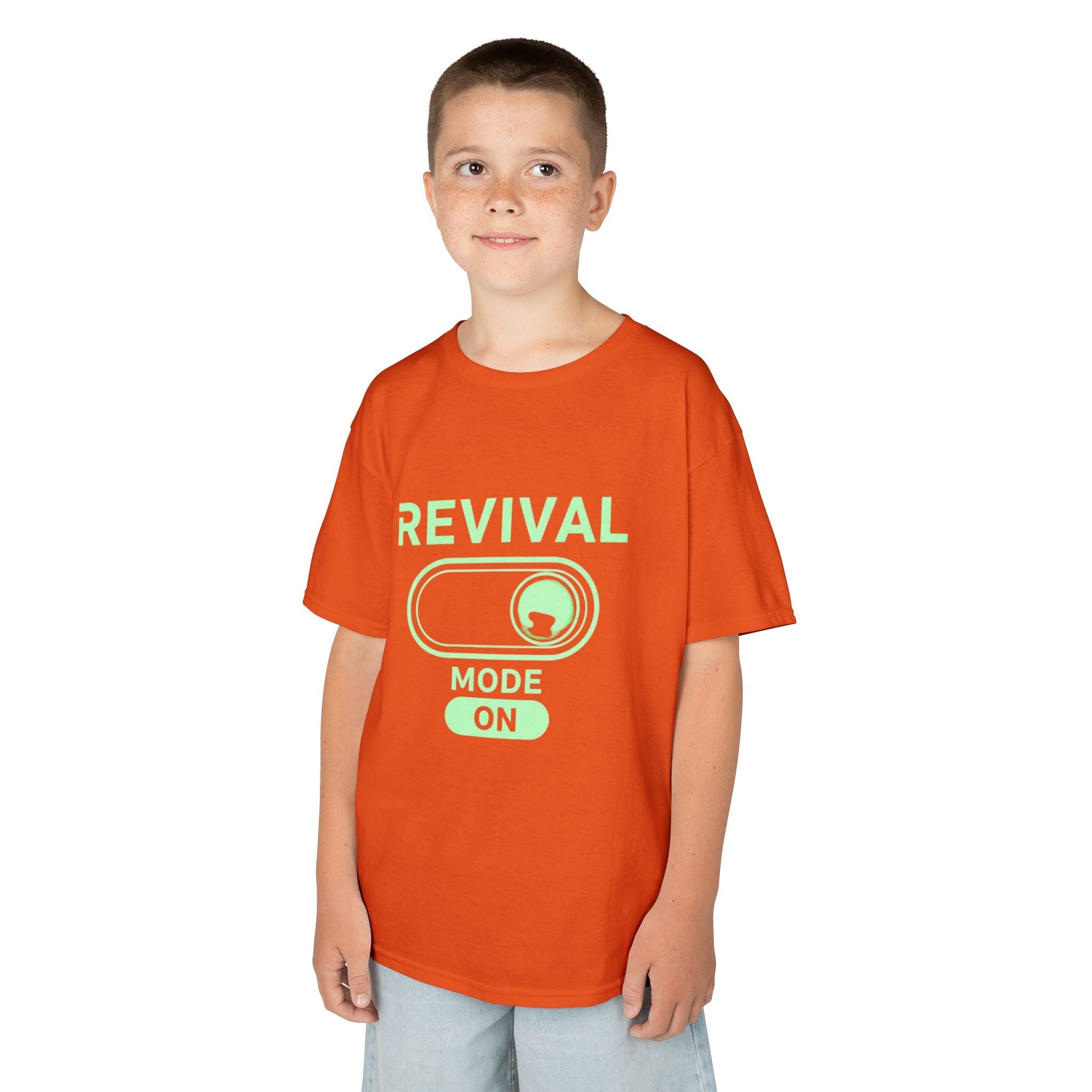 🔥 Revival Mode: ON – Christian Techwear Kids T-Shirt | Glowing Green Faith Switch | Futuristic Jesus Shirt | Activate Your Spiritual Awakening | Uplifted Gear Printify