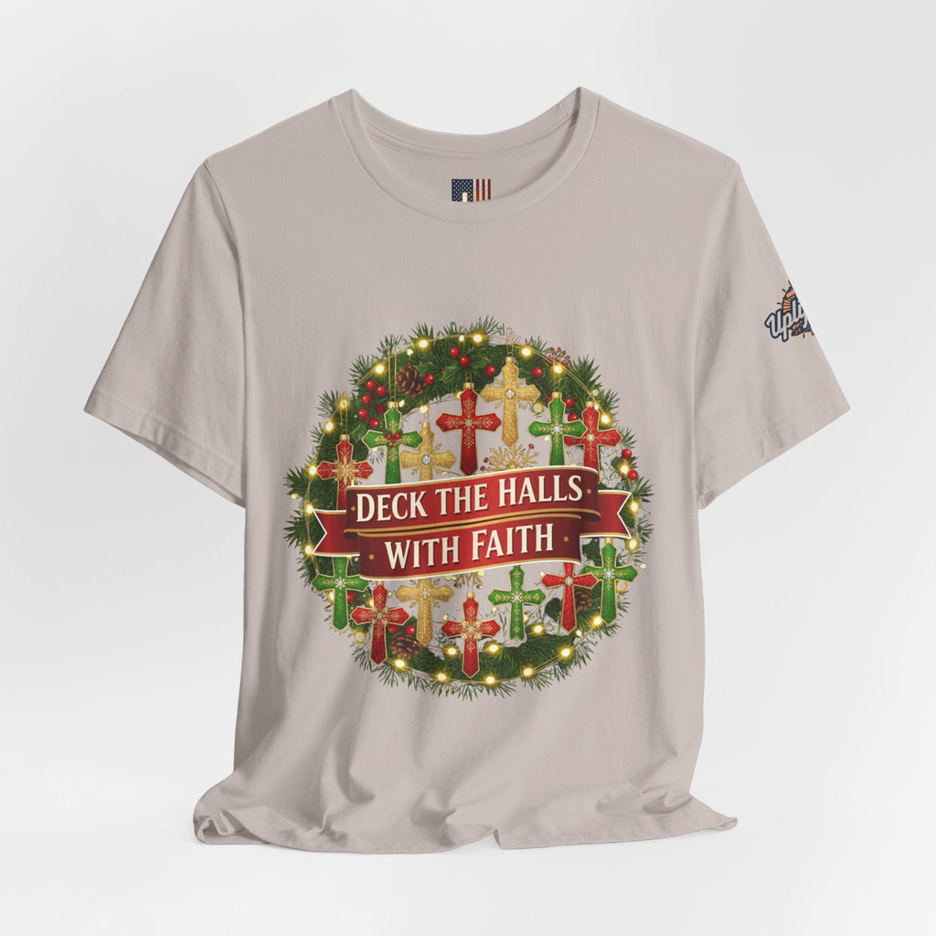 🎄 Deck the Halls with Faith – Christian Christmas T-Shirt | Cross Ornament Design & Festive Garland | Bold Holiday Faith Tee by Uplifted Gear Printify