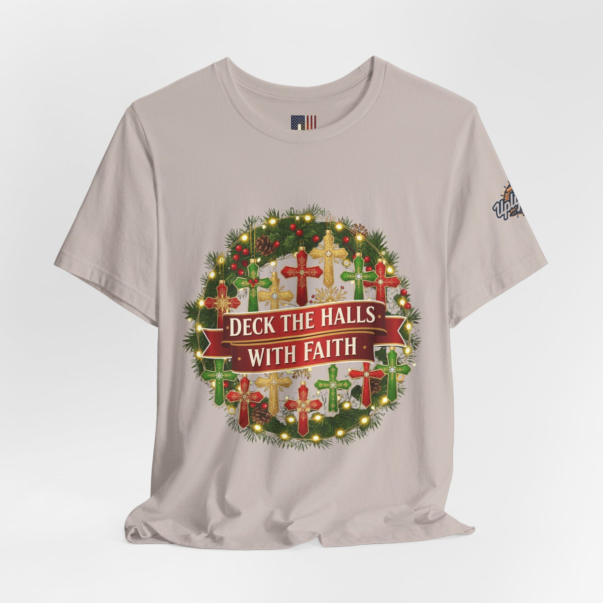 🎄 Deck the Halls with Faith – Christian Christmas T-Shirt | Cross Ornament Design & Festive Garland | Bold Holiday Faith Tee by Uplifted Gear Printify