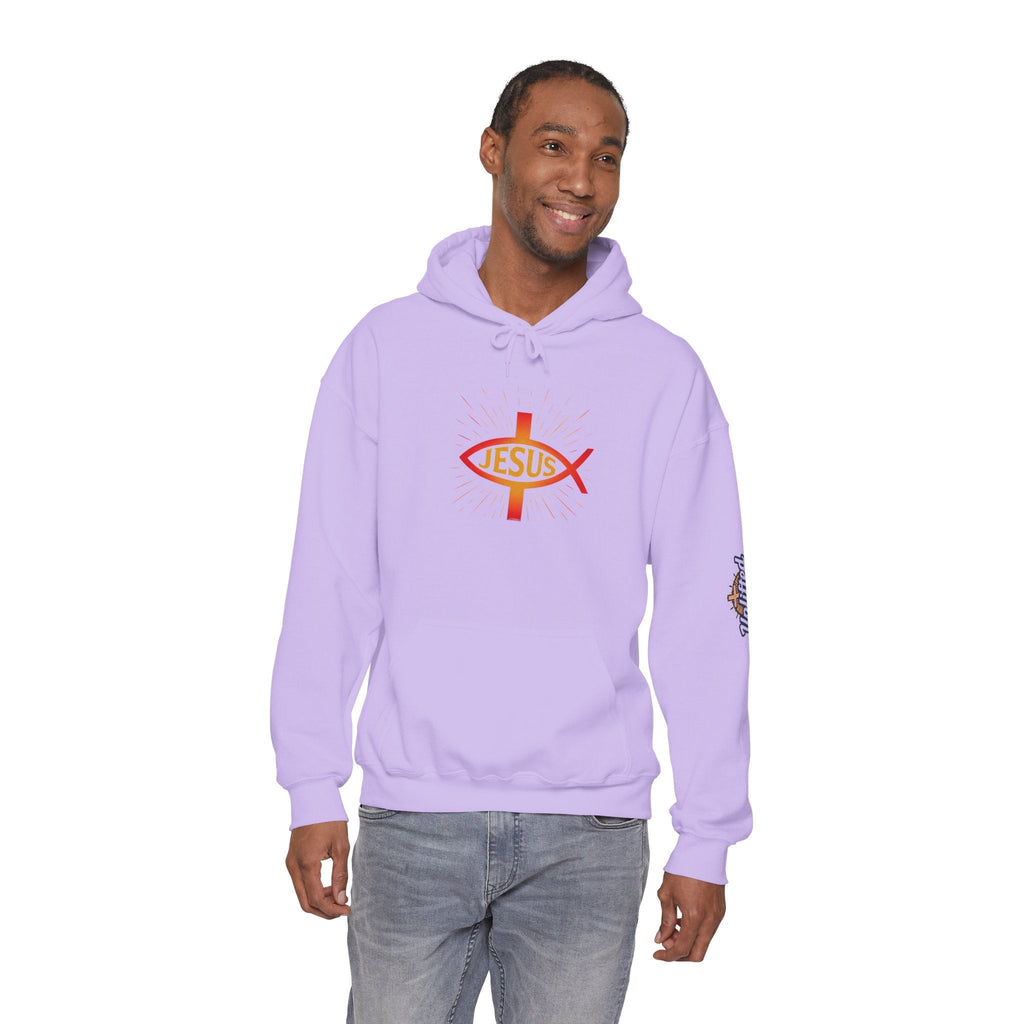 Jesus Ichthys Hoodie – Christian Fish Symbol with Cross & Jesus Inscription Sweatshirt for Eternal Faith & Streetwear Printify