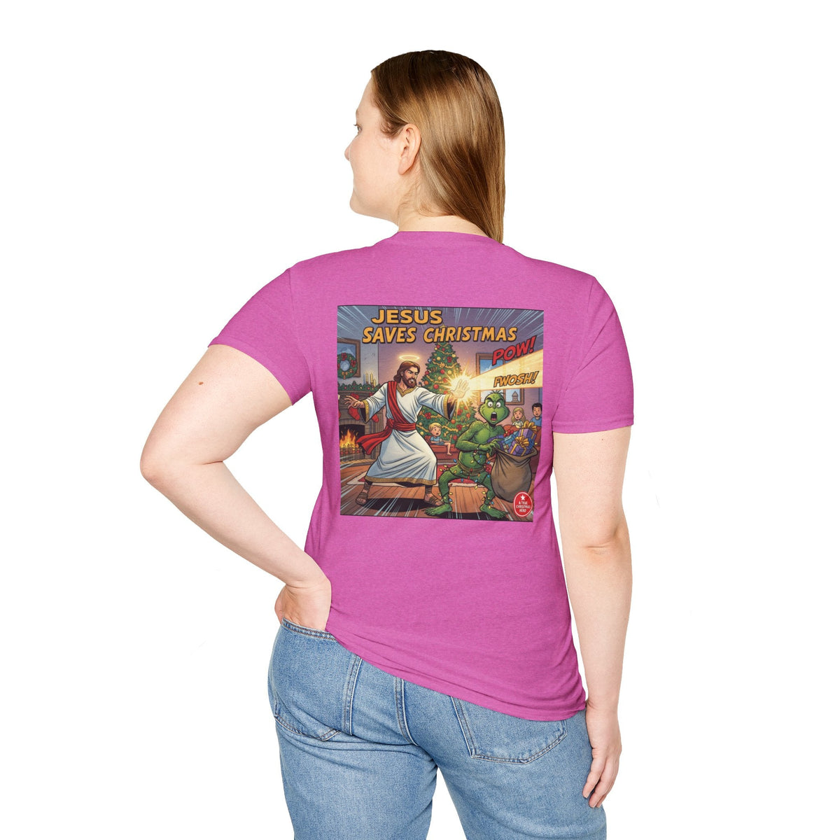 Jesus Saves Christmas T-shirt – Grinch vs Savior Light Battle Christian T-shirt for Hilarious Holiday Faith & True Joy Printify
