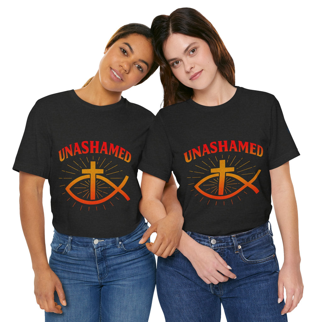 Unashamed T-shirt – Ichthys Jesus Fish & Cross Christian T-shirt for Romans 1:16 Bold Faith Printify