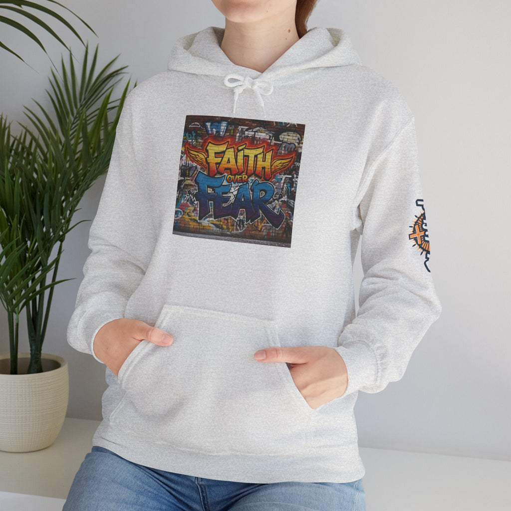Faith Over Fear Hoodie – Graffiti Wall Christian Sweatshirt for Bold 2 Corinthians 5:7 Streetwear & Unshakable Faith Printify