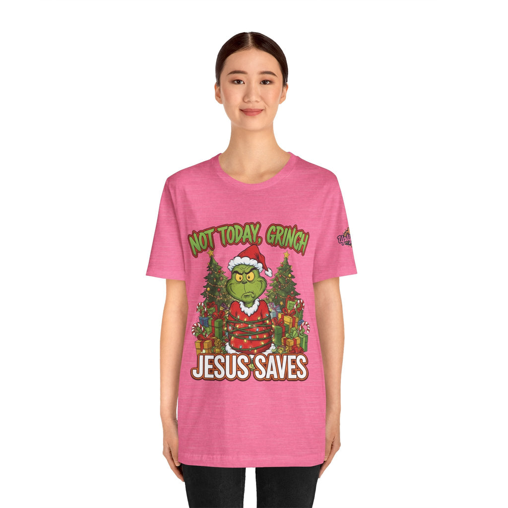 🎄 Not Today, Grinch – Jesus Saves | Funny Christian Christmas T-Shirt | Sulking Grinch & Glowing Cross | Bold Neon Faith Tee by Uplifted Gear Printify