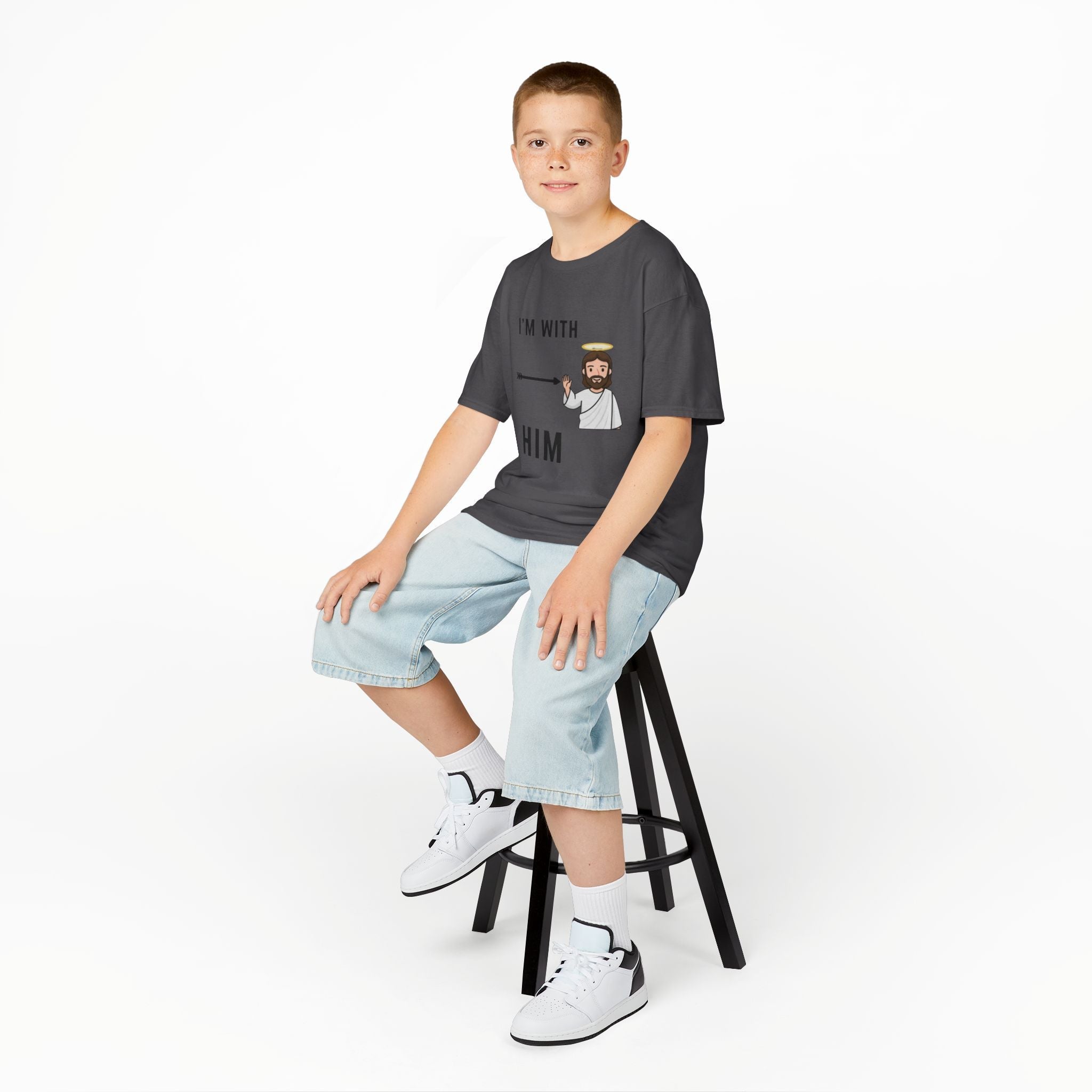 🔥 I’m With Him → Christian Kids T-Shirt | Arrow Pointing to Jesus | Minimalist Faith Tee | Subtle Cross Design | Bible-Inspired Apparel by Uplifted Gear Printify