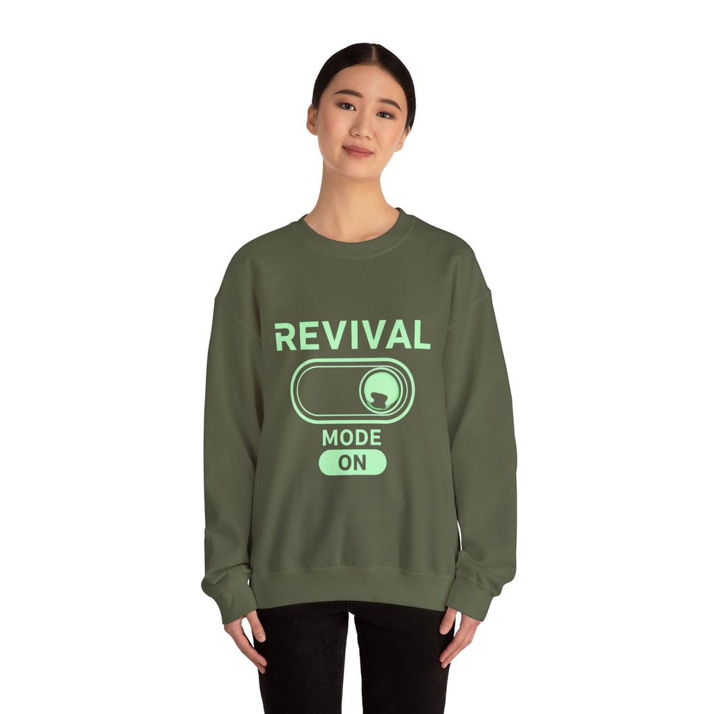 🔥 Revival Mode: ON – Christian Techwear Sweatshirt | Glowing Green Faith Switch | Futuristic Jesus Shirt | Activate Your Spiritual Awakening | Uplifted Gear Printify