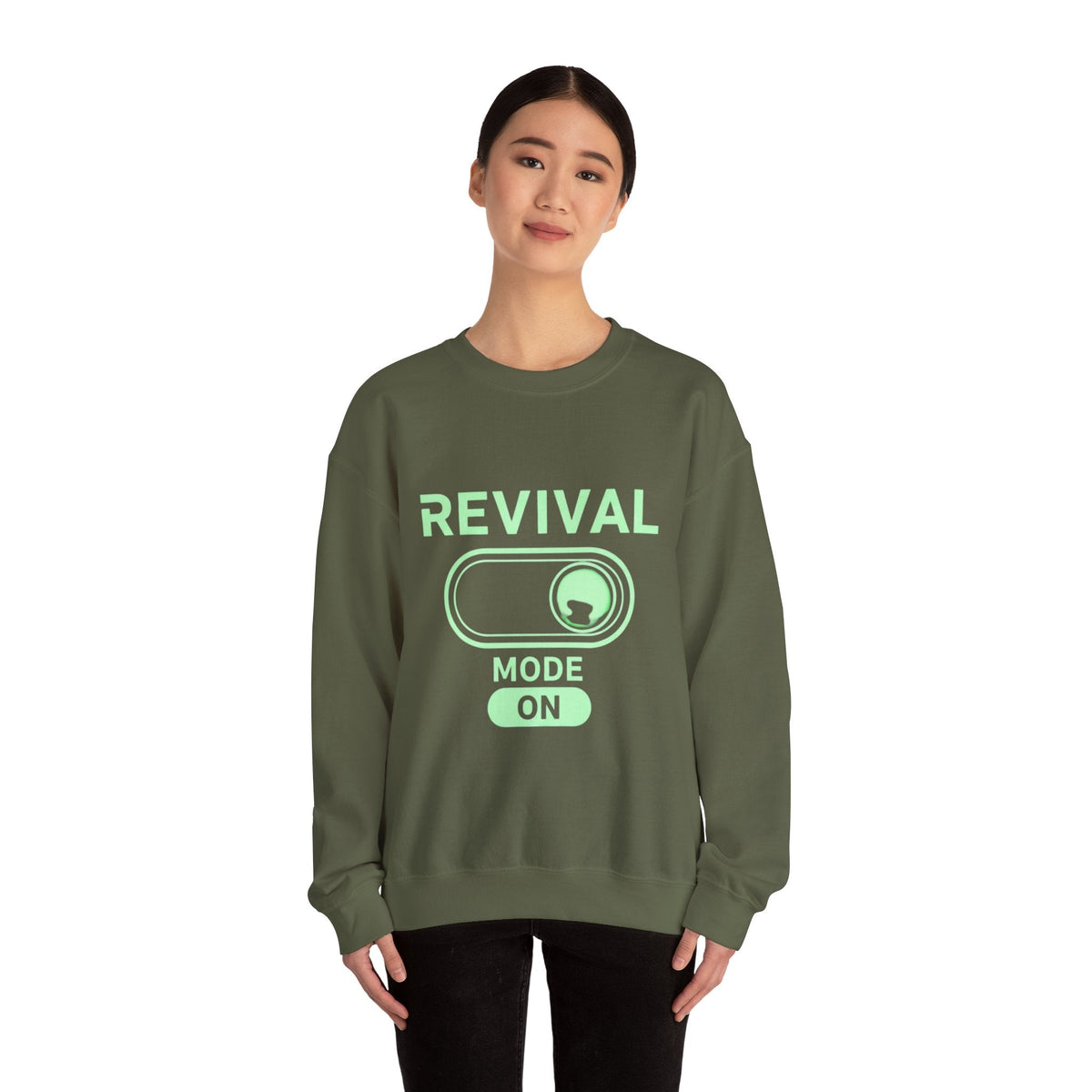 🔥 Revival Mode: ON – Christian Techwear Sweatshirt | Glowing Green Faith Switch | Futuristic Jesus Shirt | Activate Your Spiritual Awakening | Uplifted Gear Printify