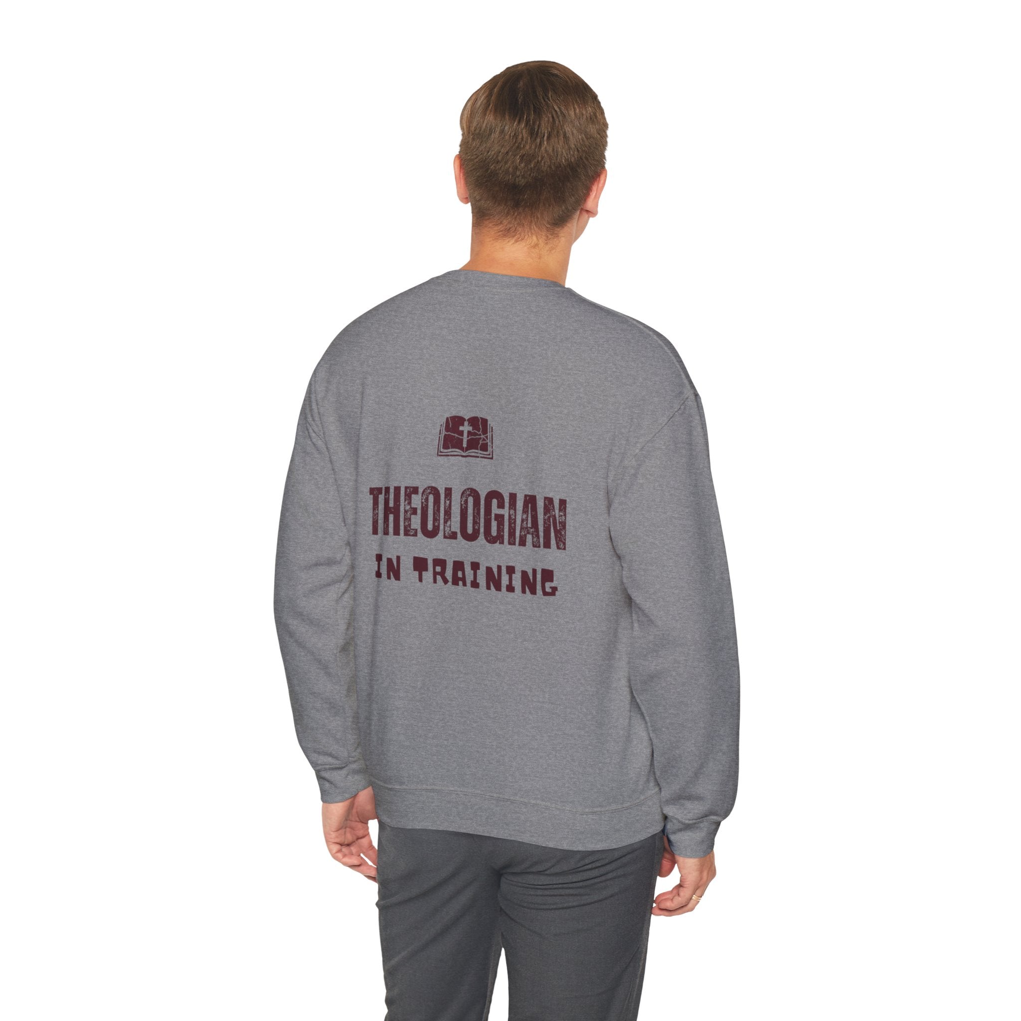 Theologian in Training Sweatshirt – Open Bible & Cross Christian Sweatshirt for Faithful Growth Printify